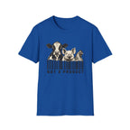 Royal blue vegan t-shirt Black and cream graphic featuring a cow, pig and chicken emerging from vertical barcode lines above the words “Not A Product.”