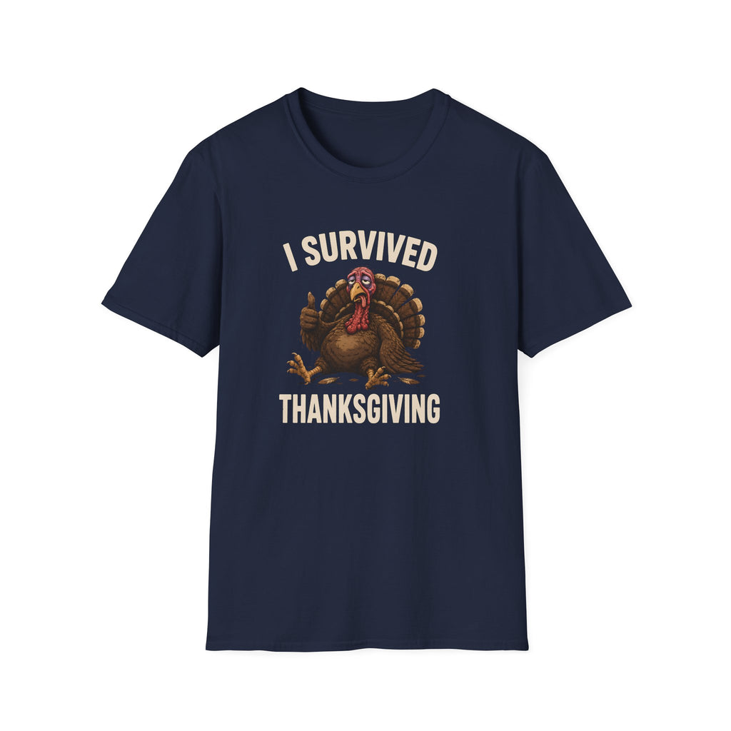 Navy blue t-shirt with a turkey graphic and text 'I Survived Thanksgiving' on a white background