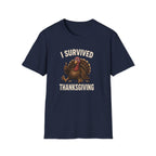 Navy blue t-shirt with a turkey graphic and text 'I Survived Thanksgiving' on a white background
