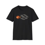 black Minimal graphic design featuring a bold orange pufferfish swimming in the opposite direction of a school of black sardines on a plain background.
