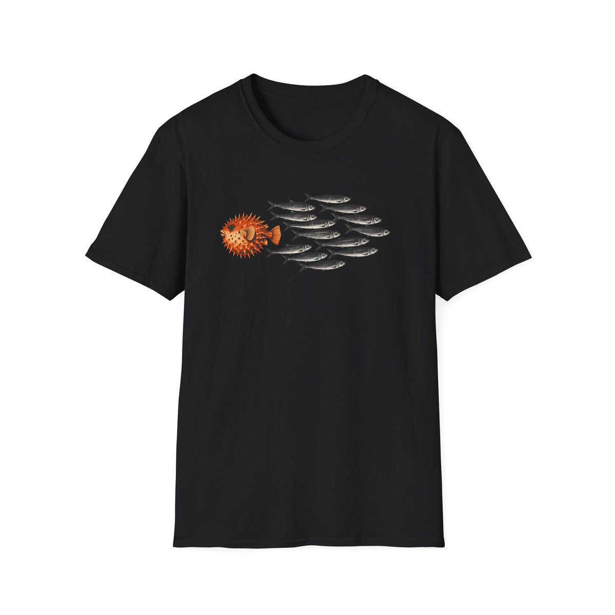 black Minimal graphic design featuring a bold orange pufferfish swimming in the opposite direction of a school of black sardines on a plain background.