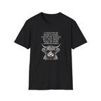 Funny introvert T-shirt design featuring a Highland cow wearing sunglasses, black vintage-style illustration, and the quote "I could wear nicer clothes and do my makeup, but that might make me more approachable."