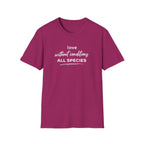 Pink t-shirt with text 'love without conditions all species'