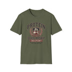 military green t-shirt with Vintage collegiate crest design reading “Protein Scholarship Recipient” with soybean, tofu, and bean illustrations and the words “Majoring in Answering the Same Question.”