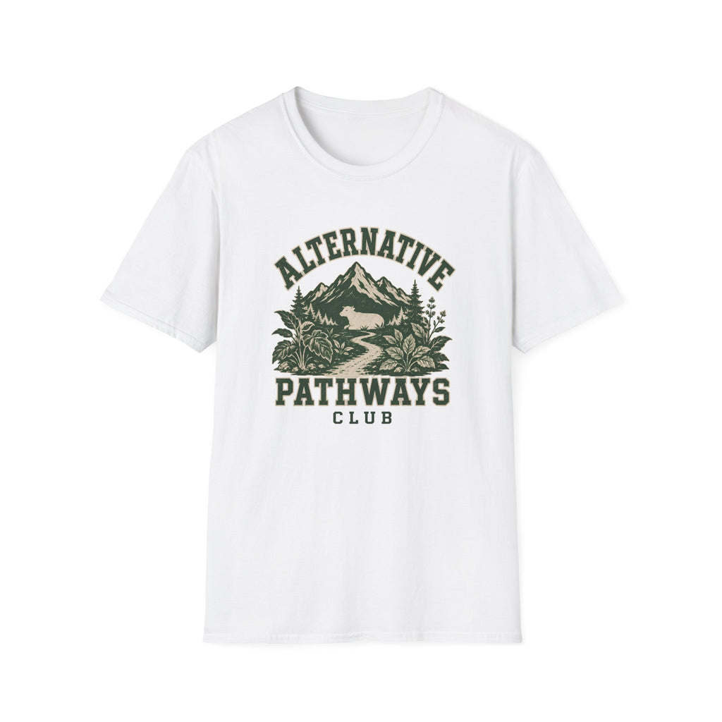 A white short-sleeve crewneck t-shirt featuring a distressed dark green graphic on the front with the text 'ALTERNATIVE PATHWAYS CLUB' and an illustration of a mountain, trees, and a winding path.