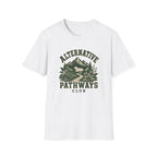 A white short-sleeve crewneck t-shirt featuring a distressed dark green graphic on the front with the text 'ALTERNATIVE PATHWAYS CLUB' and an illustration of a mountain, trees, and a winding path.