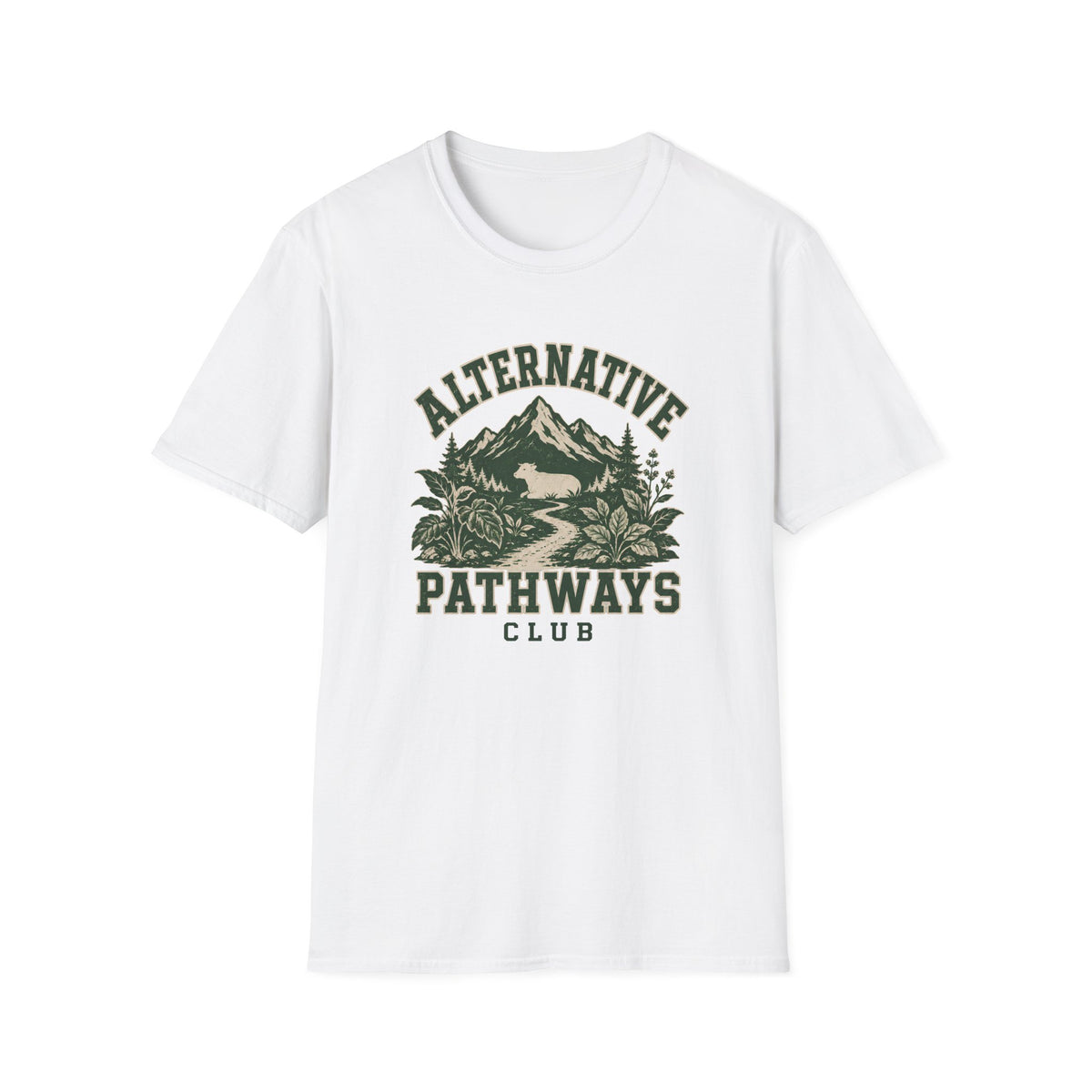 A white short-sleeve crewneck t-shirt featuring a distressed dark green graphic on the front with the text 'ALTERNATIVE PATHWAYS CLUB' and an illustration of a mountain, trees, and a winding path.