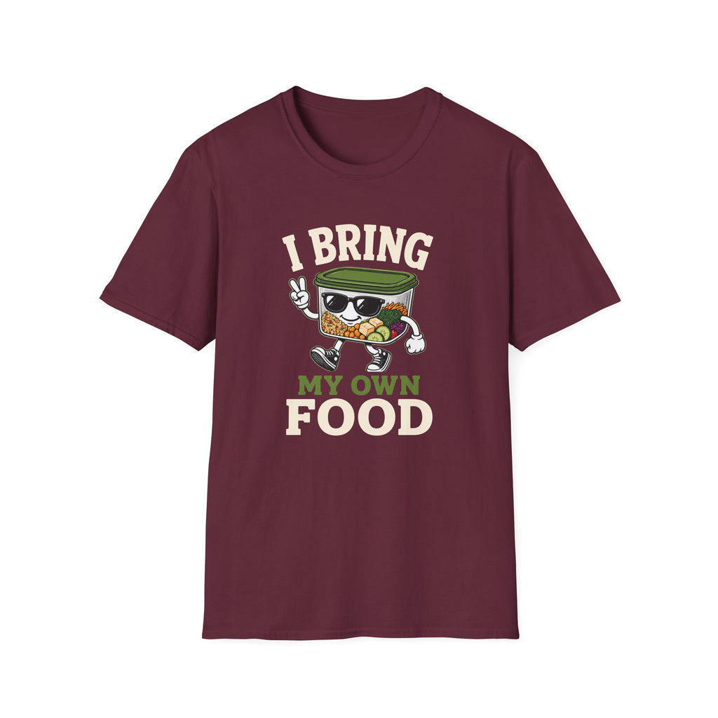 A maroon short-sleeve crewneck t-shirt featuring a cartoon graphic of a burrito wearing sunglasses and a green hat, with the text 'I BRING MY OWN FOOD' printed on the front.