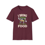 A maroon short-sleeve crewneck t-shirt featuring a cartoon graphic of a burrito wearing sunglasses and a green hat, with the text 'I BRING MY OWN FOOD' printed on the front.