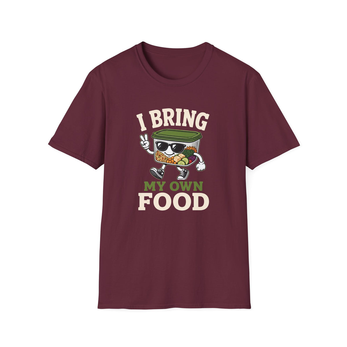 A maroon short-sleeve crewneck t-shirt featuring a cartoon graphic of a burrito wearing sunglasses and a green hat, with the text 'I BRING MY OWN FOOD' printed on the front.