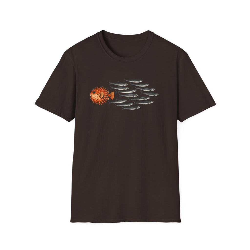 brown Minimal graphic design featuring a bold orange pufferfish swimming in the opposite direction of a school of black sardines on a plain background.
