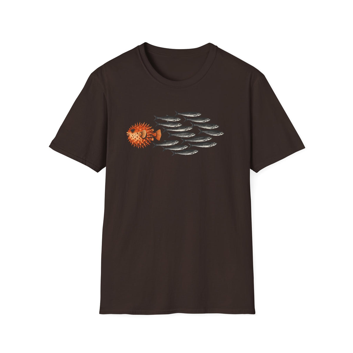 brown Minimal graphic design featuring a bold orange pufferfish swimming in the opposite direction of a school of black sardines on a plain background.