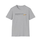 A light gray heather crewneck t-shirt with a humorous graphic on the chest. The graphic reads 'TOO WEAK FROM LACK OF B12 TO FINISH THIS SLUGSUB' in black text, accompanied by a small illustration of a yellow pencil with a pink eraser.