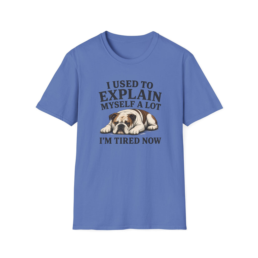 Blue t-shirt with a bulldog graphic and text on a white background