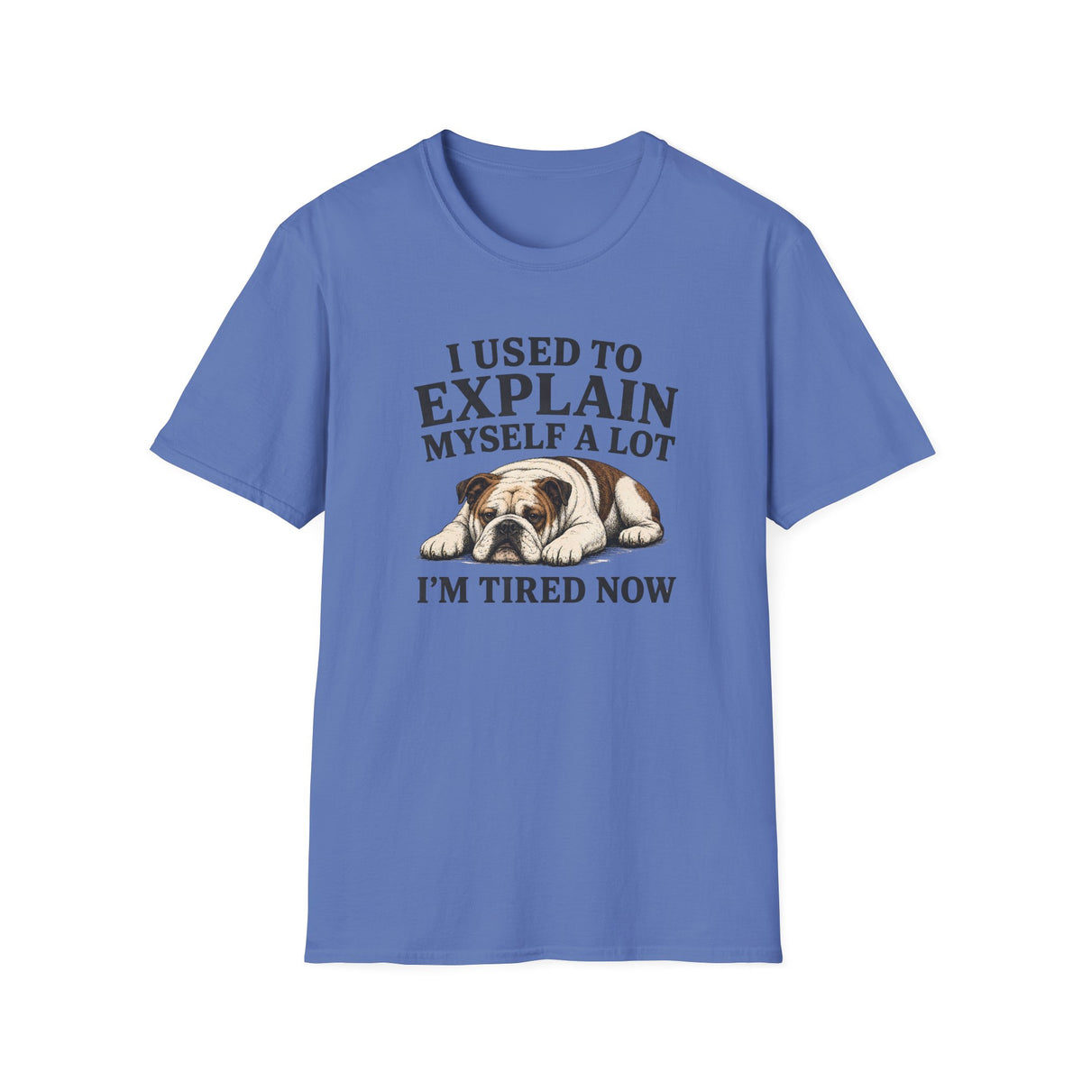 Blue t-shirt with a bulldog graphic and text on a white background