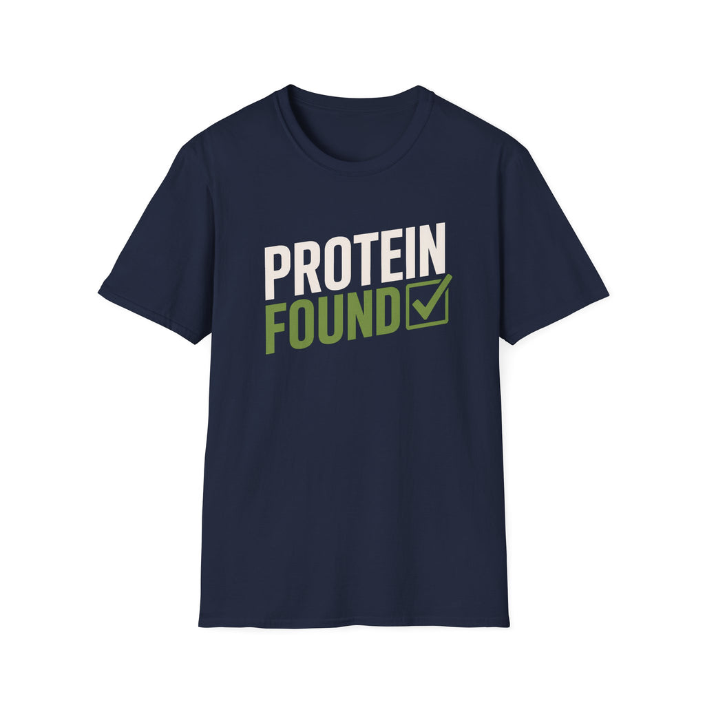 Navy blue t-shirt with 'PROTEIN FOUND' text on a white background