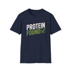 Navy blue t-shirt with 'PROTEIN FOUND' text on a white background