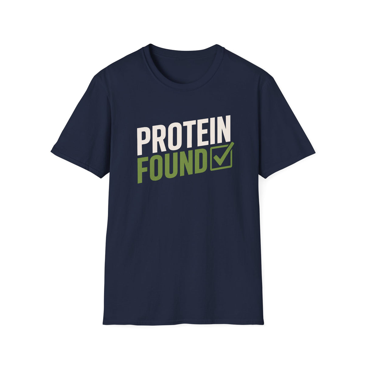 Navy blue t-shirt with 'PROTEIN FOUND' text on a white background