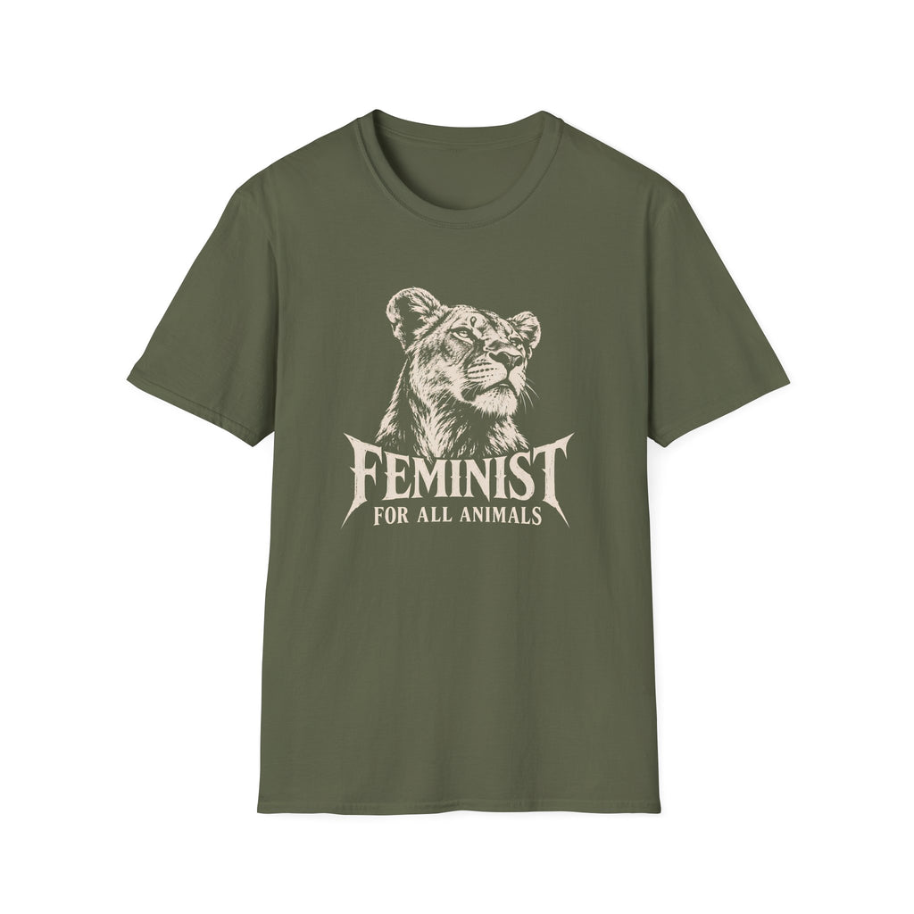 Military Green short-sleeve t-shirt with a distressed white graphic of a lioness head and the text 'FEMINIST FOR ALL ANIMALS' printed on the chest, shown against a plain white background.