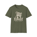 Military Green short-sleeve t-shirt with a distressed white graphic of a lioness head and the text 'FEMINIST FOR ALL ANIMALS' printed on the chest, shown against a plain white background.