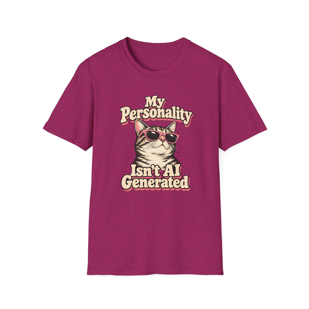 Retro graphic T-shirt design featuring a cool cat in pink sunglasses with the words “My Personality Isn’t AI Generated” in cream and pink lettering.