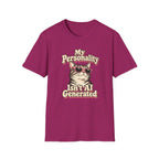 Retro graphic T-shirt design featuring a cool cat in pink sunglasses with the words “My Personality Isn’t AI Generated” in cream and pink lettering.