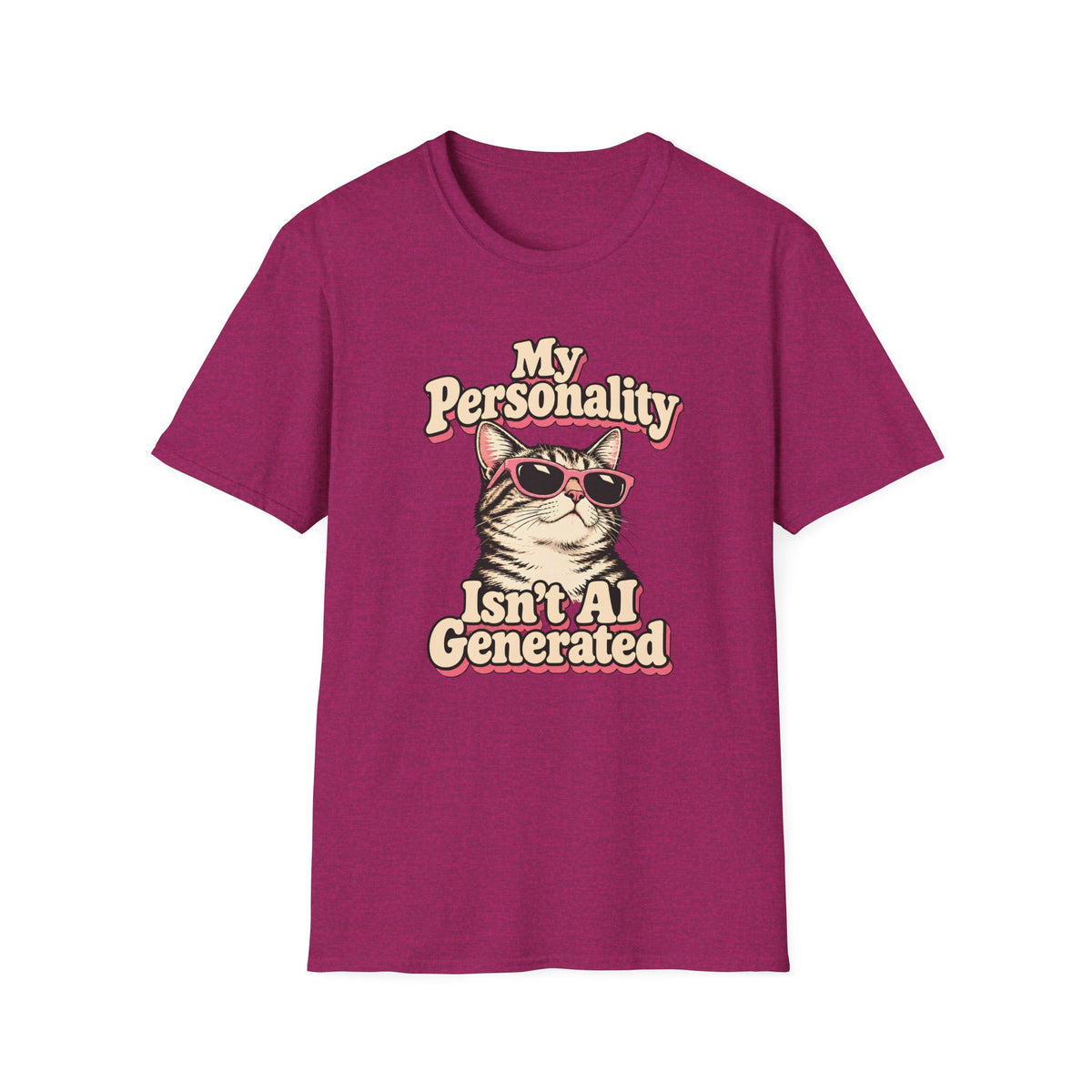 Retro graphic T-shirt design featuring a cool cat in pink sunglasses with the words “My Personality Isn’t AI Generated” in cream and pink lettering.