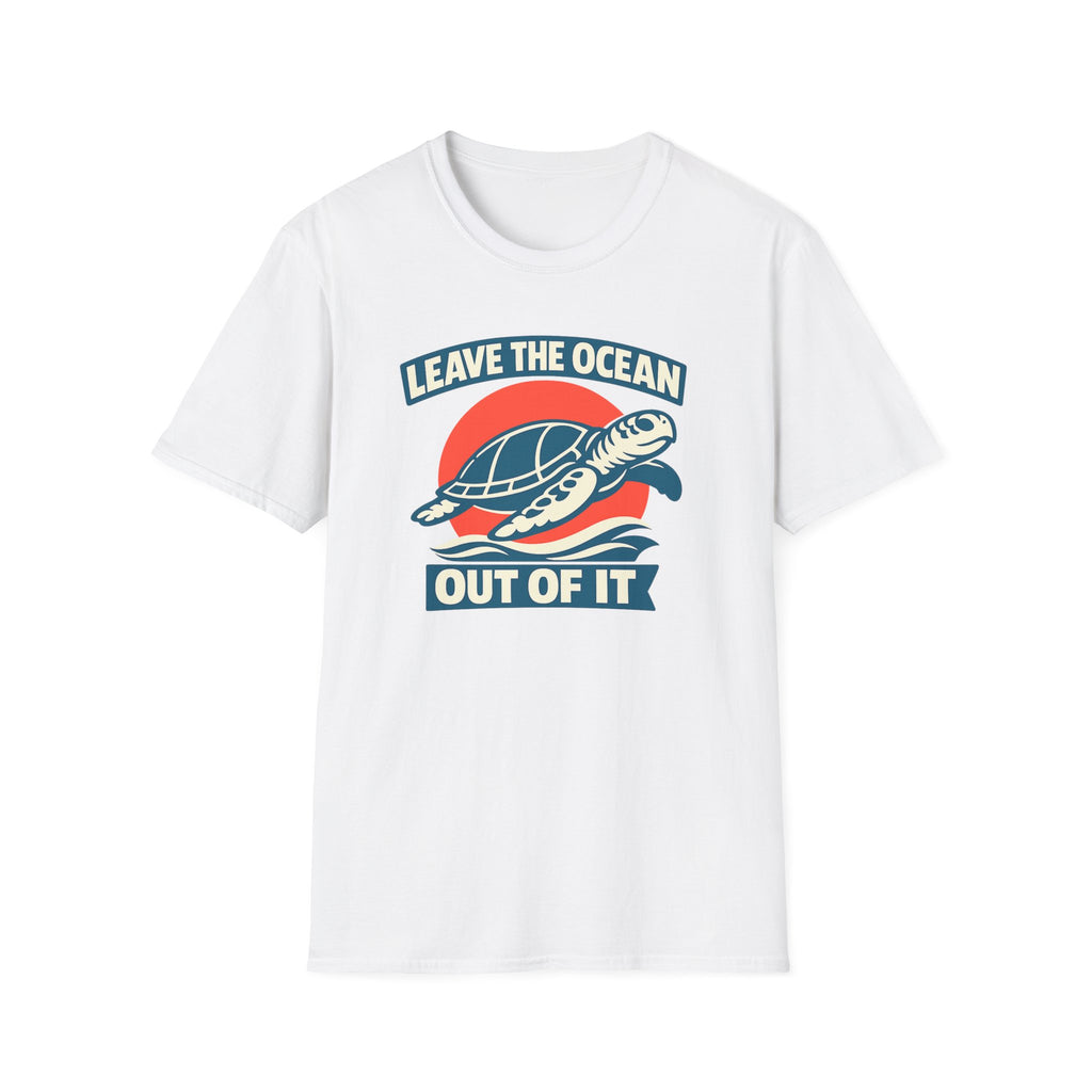 White short sleeved t-shirt featuring a graphic print of a sea turtle swimming over blue waves in front of a red sun, with the text 'LEAVE THE OCEAN OUT OF IT' in white and blue.