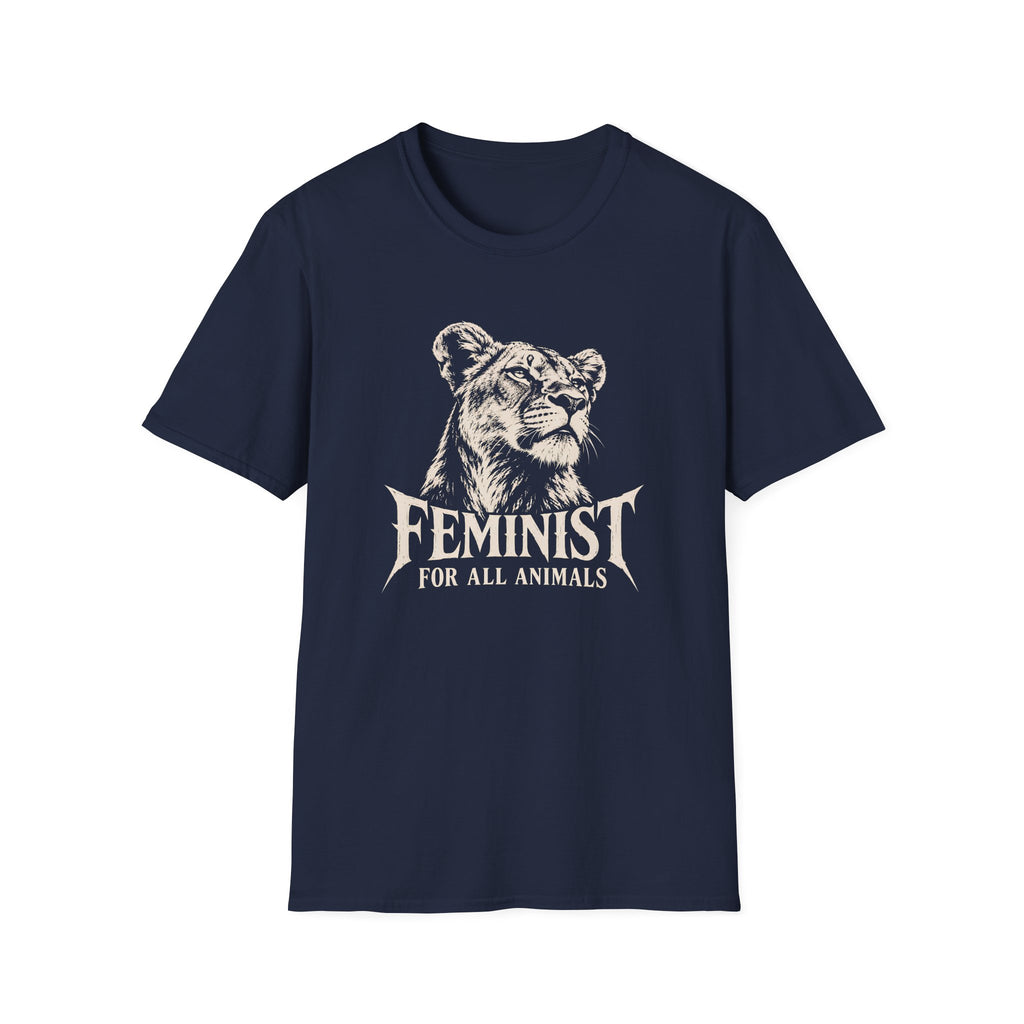 Navy Blue short-sleeve t-shirt with a distressed white graphic of a lioness head and the text 'FEMINIST FOR ALL ANIMALS' printed on the chest, shown against a plain white background.