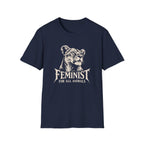Navy Blue short-sleeve t-shirt with a distressed white graphic of a lioness head and the text 'FEMINIST FOR ALL ANIMALS' printed on the chest, shown against a plain white background.