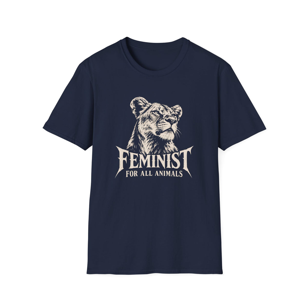 Navy Blue short-sleeve t-shirt with a distressed white graphic of a lioness head and the text 'FEMINIST FOR ALL ANIMALS' printed on the chest, shown against a plain white background.