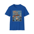 A royal blue short-sleeve crewneck t-shirt featuring a vintage-style graphic print on the front with a duck in a pond and the text 'PLEASE STICK TO YOUR OWN BUSINESS'.