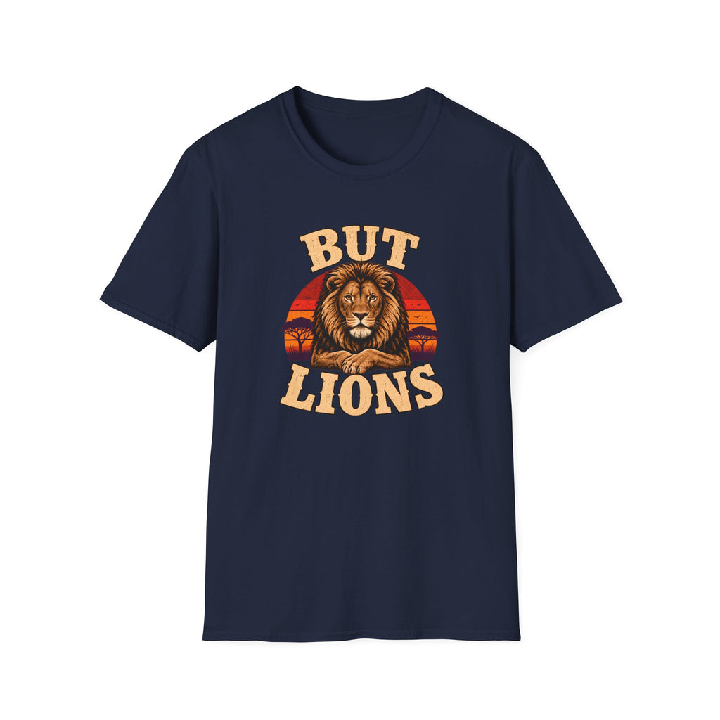 A navy blue short-sleeve crewneck t-shirt featuring a retro-style graphic of a lion's face and mane with the text 'BUT LIONS' in a distressed cream font, set against a plain white background.