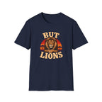 A navy blue short-sleeve crewneck t-shirt featuring a retro-style graphic of a lion's face and mane with the text 'BUT LIONS' in a distressed cream font, set against a plain white background.