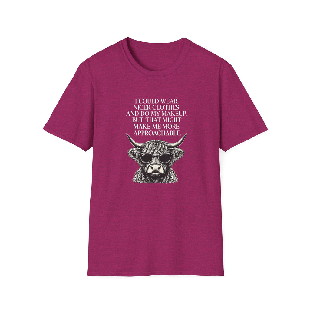 Funny introvert T-shirt design featuring a Highland cow wearing sunglasses, black vintage-style illustration, and the quote "I could wear nicer clothes and do my makeup, but that might make me more approachable."