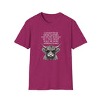 Funny introvert T-shirt design featuring a Highland cow wearing sunglasses, black vintage-style illustration, and the quote "I could wear nicer clothes and do my makeup, but that might make me more approachable."