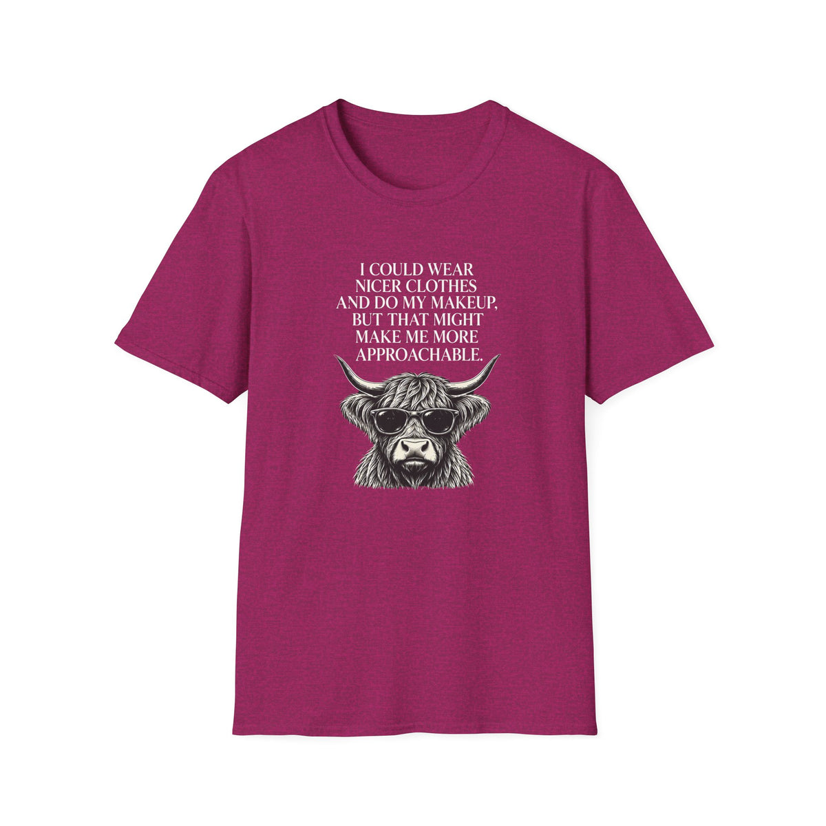 Funny introvert T-shirt design featuring a Highland cow wearing sunglasses, black vintage-style illustration, and the quote "I could wear nicer clothes and do my makeup, but that might make me more approachable."