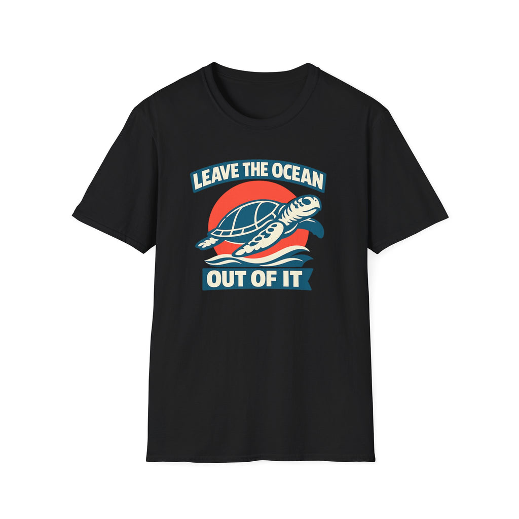 A black short-sleeve crewneck t-shirt featuring a graphic print of a sea turtle swimming over blue waves in front of a red sun, with the text 'LEAVE THE OCEAN OUT OF IT' in white and blue.