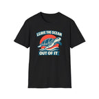 A black short-sleeve crewneck t-shirt featuring a graphic print of a sea turtle swimming over blue waves in front of a red sun, with the text 'LEAVE THE OCEAN OUT OF IT' in white and blue.