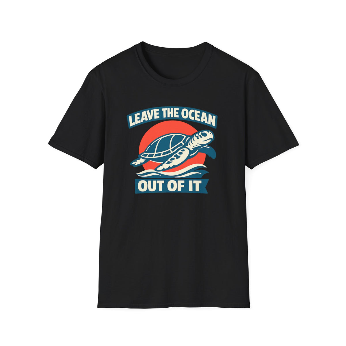 A black short-sleeve crewneck t-shirt featuring a graphic print of a sea turtle swimming over blue waves in front of a red sun, with the text 'LEAVE THE OCEAN OUT OF IT' in white and blue.