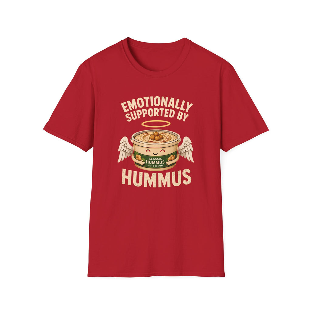 red graphic t-shirt with an image of a tub of hummus and text 'emotionally supported by hummus' on a wooden board with jeans and sneakers
