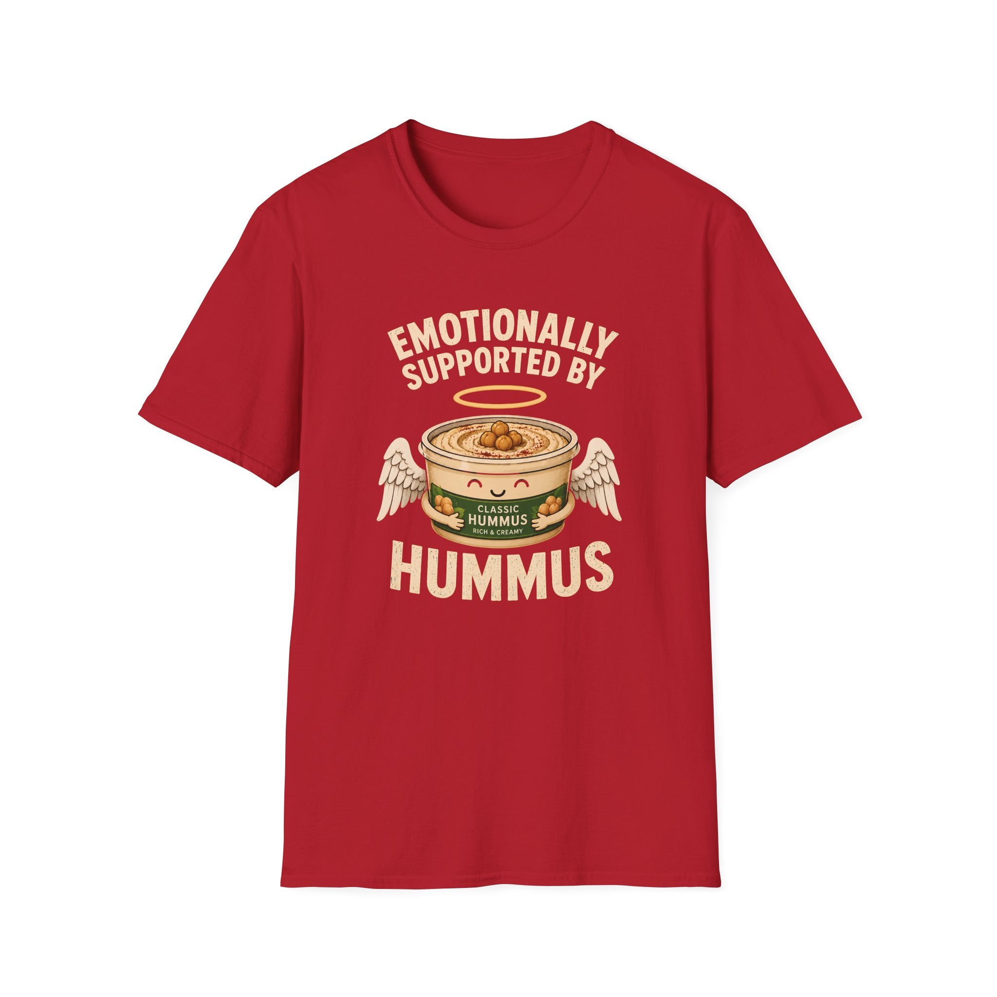 red graphic t-shirt with an image of a tub of hummus and text 'emotionally supported by hummus' on a wooden board with jeans and sneakers