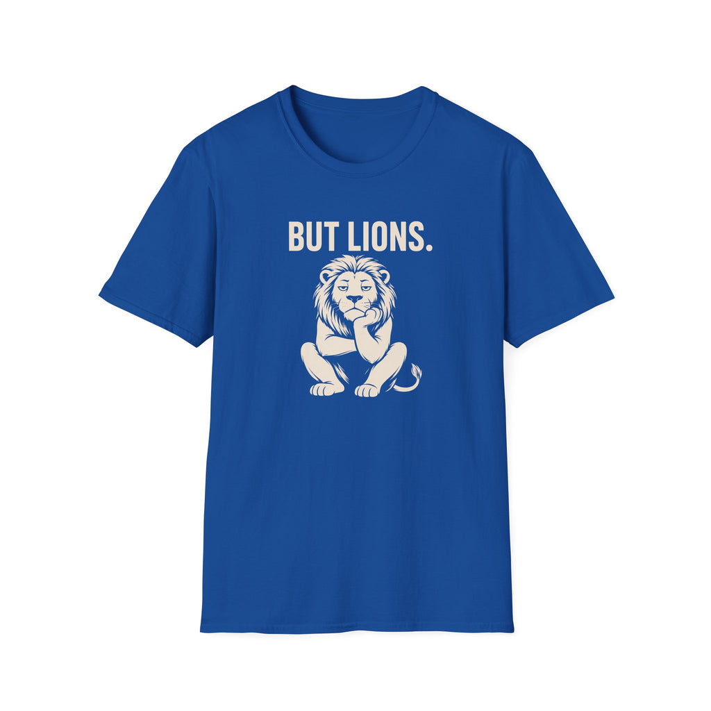 Navy blue t-shirt with graphic design on a white background
