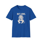 Navy blue t-shirt with graphic design on a white background