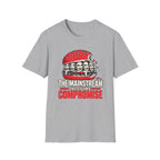 A heather gray short-sleeve t-shirt with a graphic of a burger with a person's teeth in the filling, and the text 'THE MAINSTREAM TASTES LIKE COMPROMISE' in red and white.