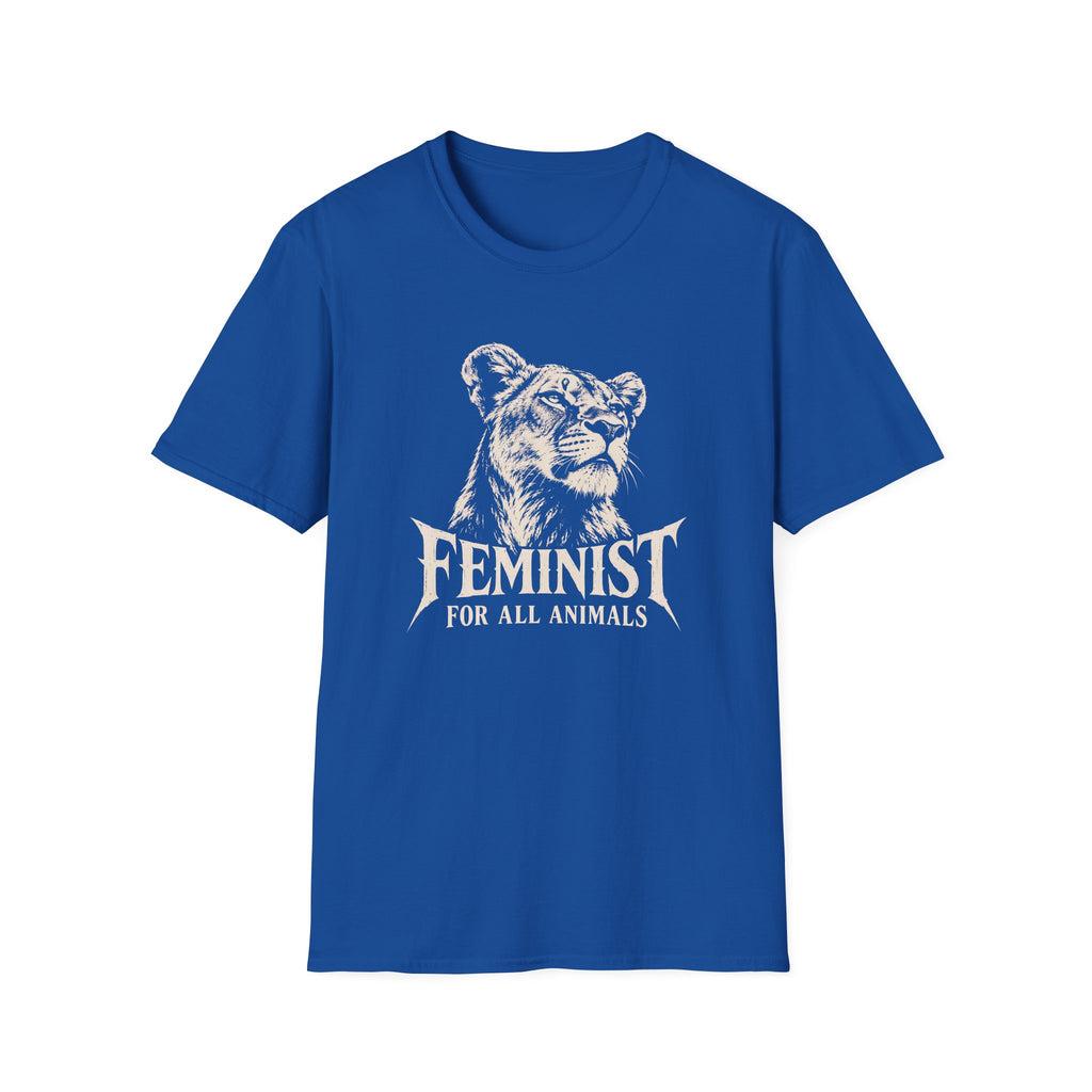 A royal blue short-sleeve crewneck t-shirt featuring a white graphic print of a lioness head and the text 'FEMINIST FOR ALL ANIMALS' on the chest, displayed against a solid white background.