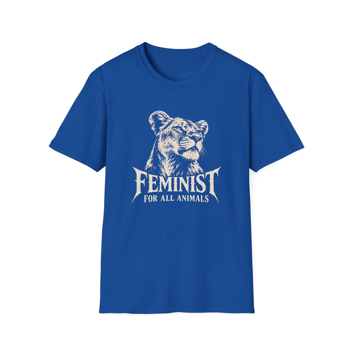 A royal blue short-sleeve crewneck t-shirt featuring a white graphic print of a lioness head and the text 'FEMINIST FOR ALL ANIMALS' on the chest, displayed against a solid white background.