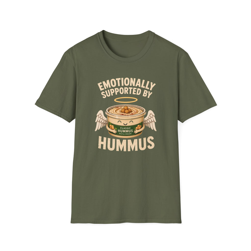 military green graphic t-shirt with an image of a tub of hummus and text 'emotionally supported by hummus' on a wooden board with jeans and sneakers