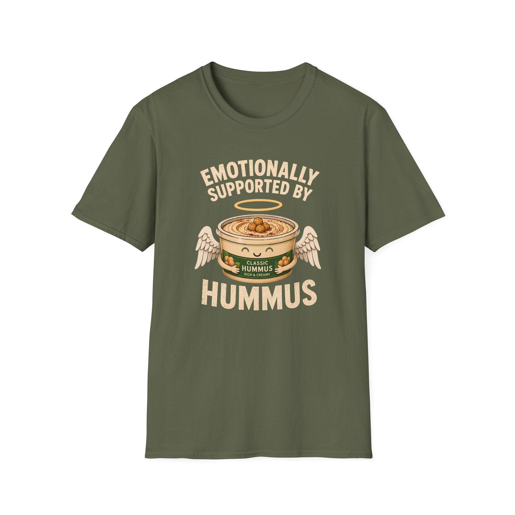 military green graphic t-shirt with an image of a tub of hummus and text 'emotionally supported by hummus' on a wooden board with jeans and sneakers
