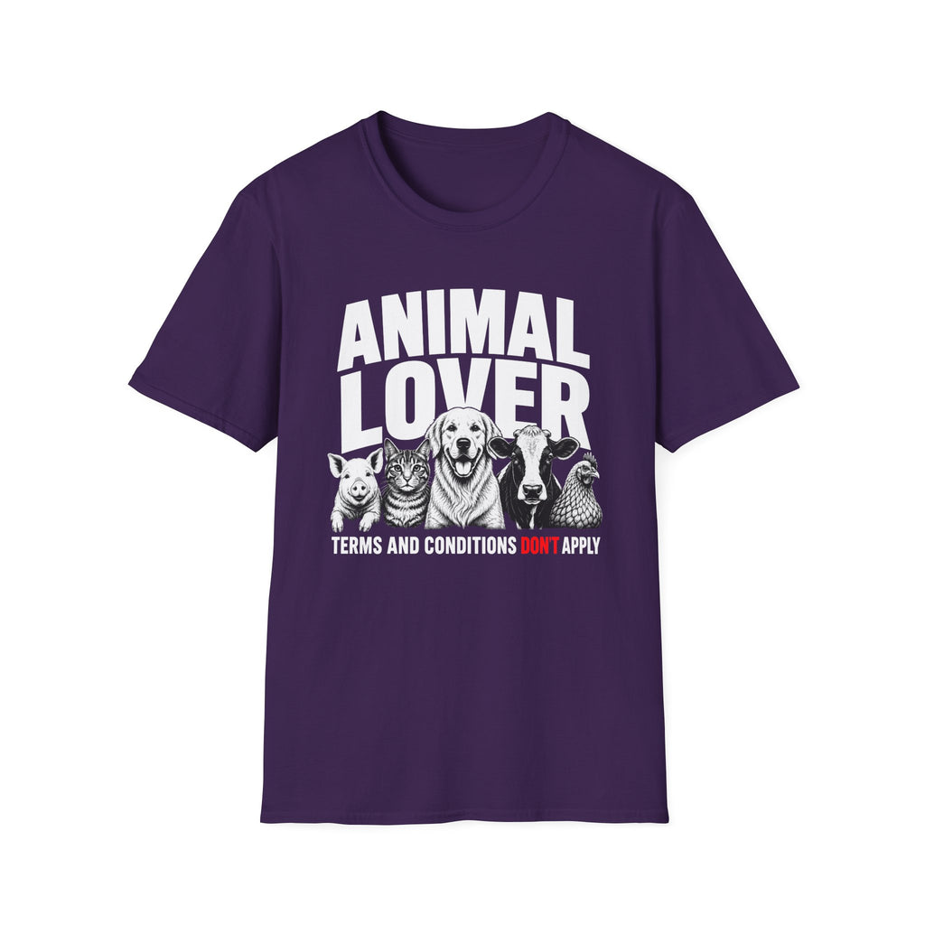 Purple vegan t-shirt with animal graphic and text 'animal lover terms and conditions don't apply'
